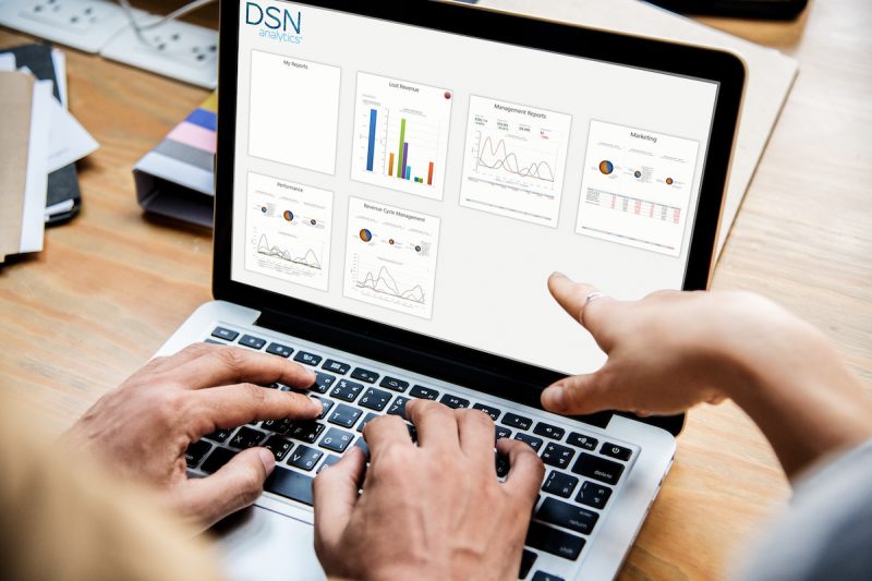 Image of DSN analytics, with various reports and graphs in color. Very clean interface